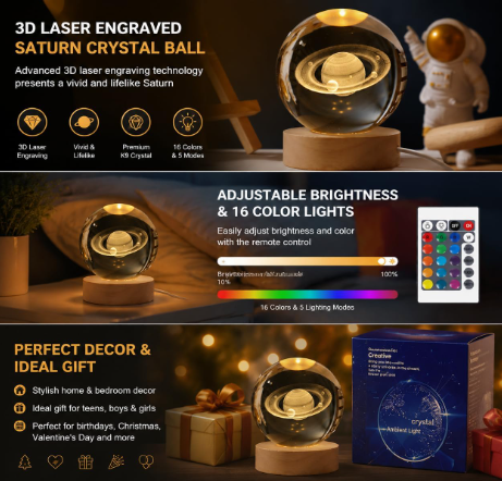 3D Saturn Crystal Ball Night Light